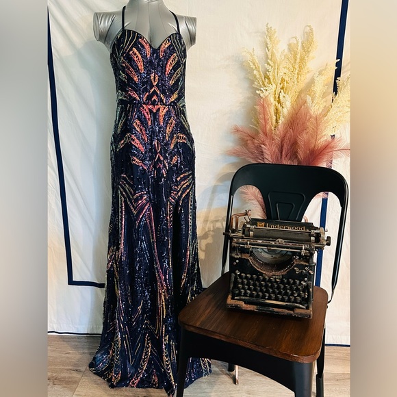 Jules & Cleo sz 12 dress sequin thigh slit low back unaltered - Picture 1 of 5